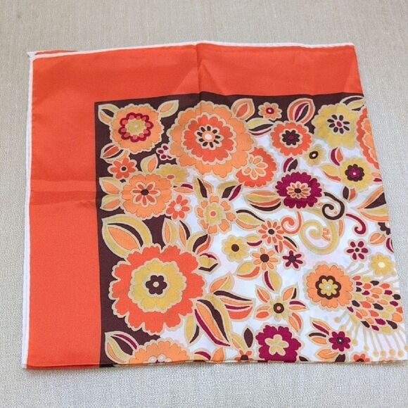 Vintage MCM Square Floral Orange and Brown Scarf - Picture 9 of 10